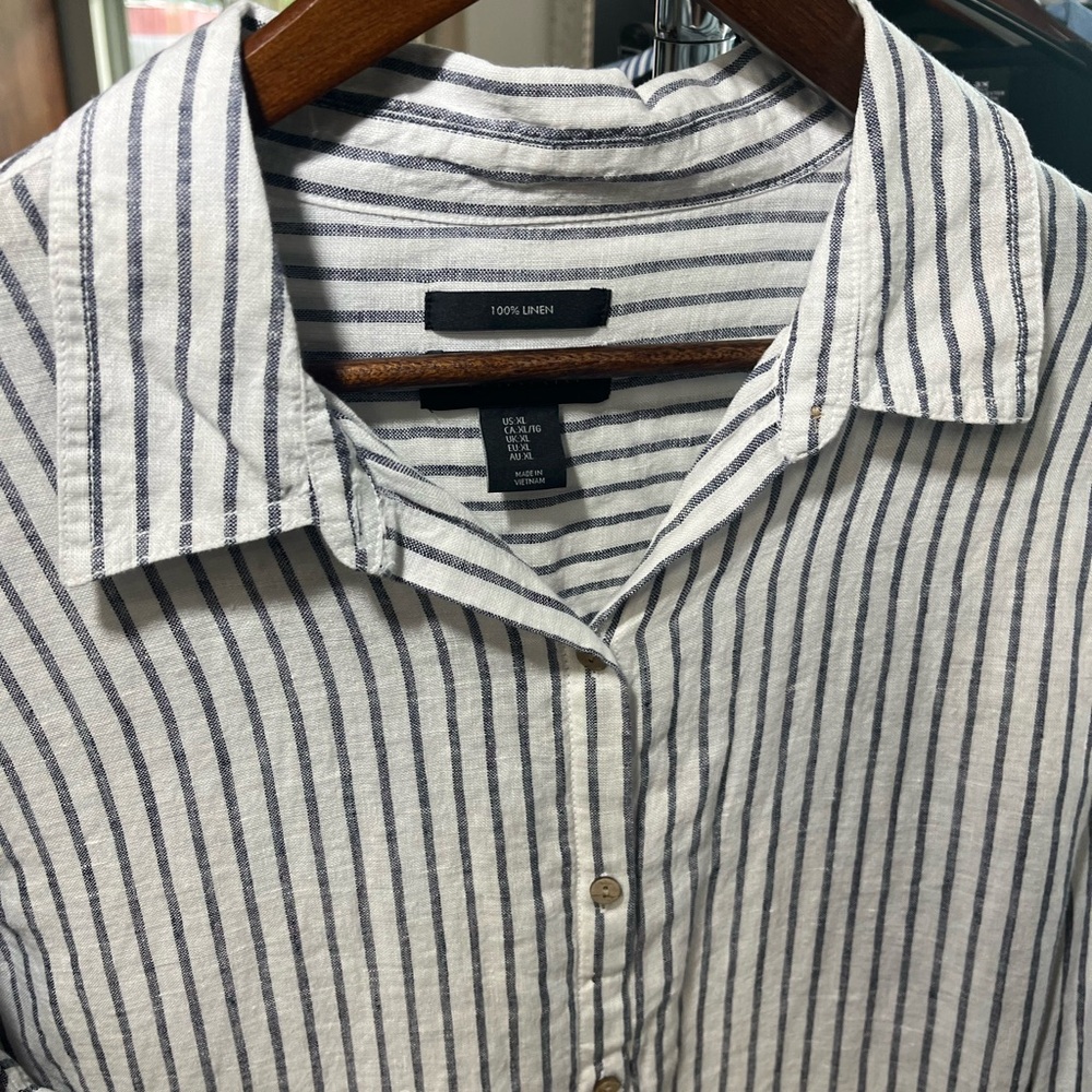 Tahari 100% Linen Blue and White Striped Shirt Button Up Shirt Size  XL - Picture 16 of 16
